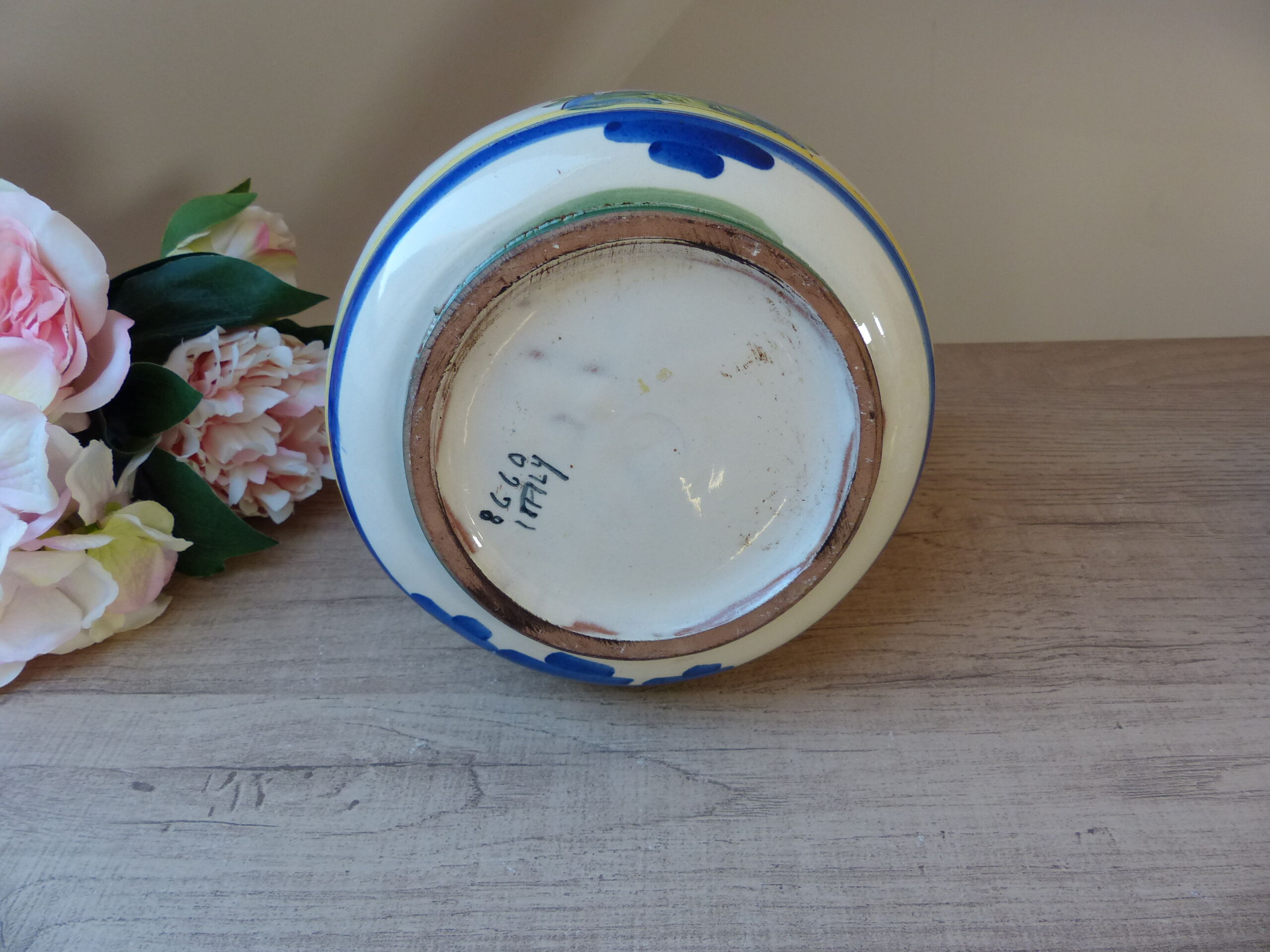 Pitcher carafe chevrette in terracotta enamelled with flowers italian crafts numbered