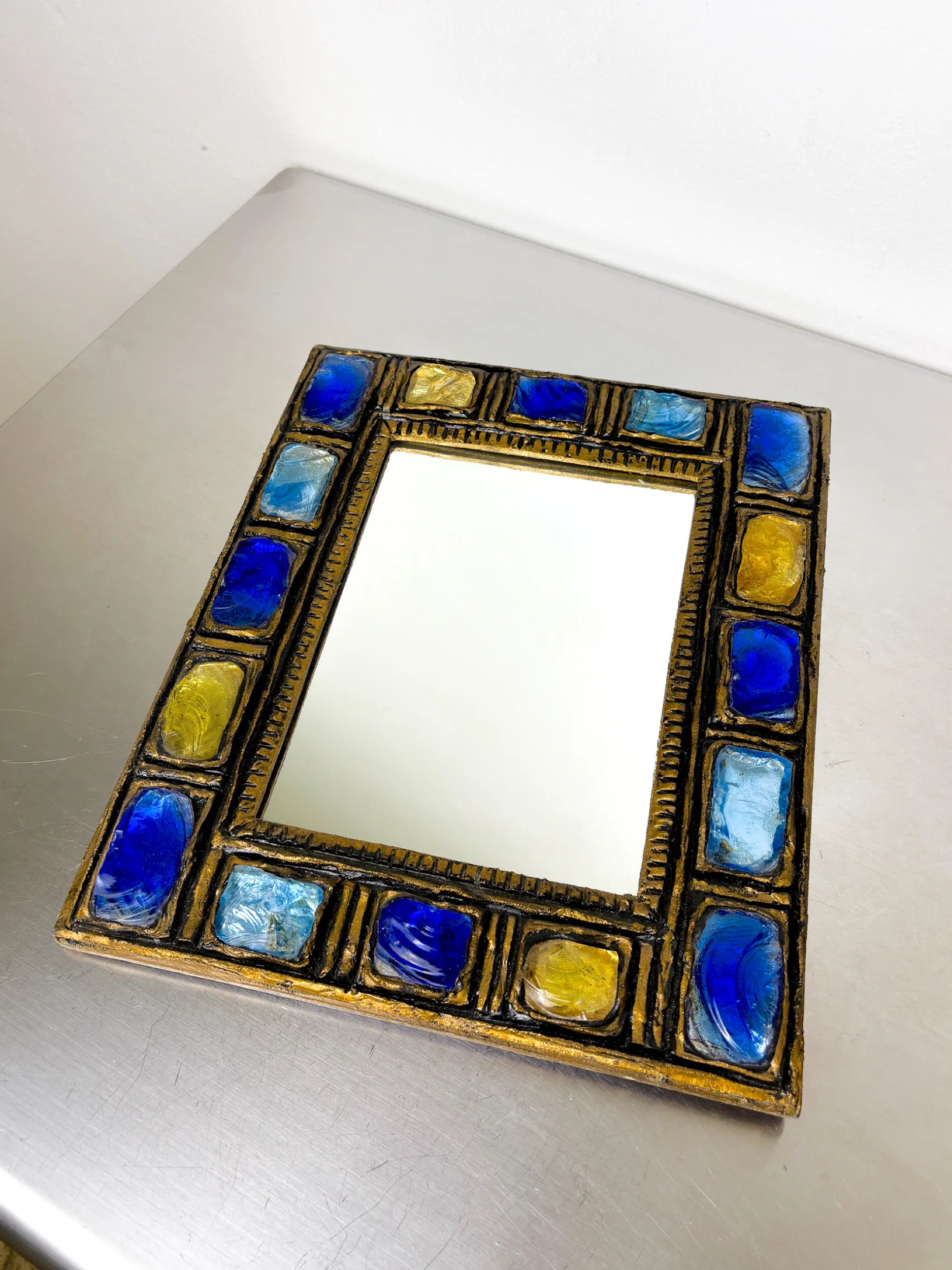 Italian mid-century mirror by Creaciones Gobesso, blue & yellow Murano rock crystals, circa 1960s