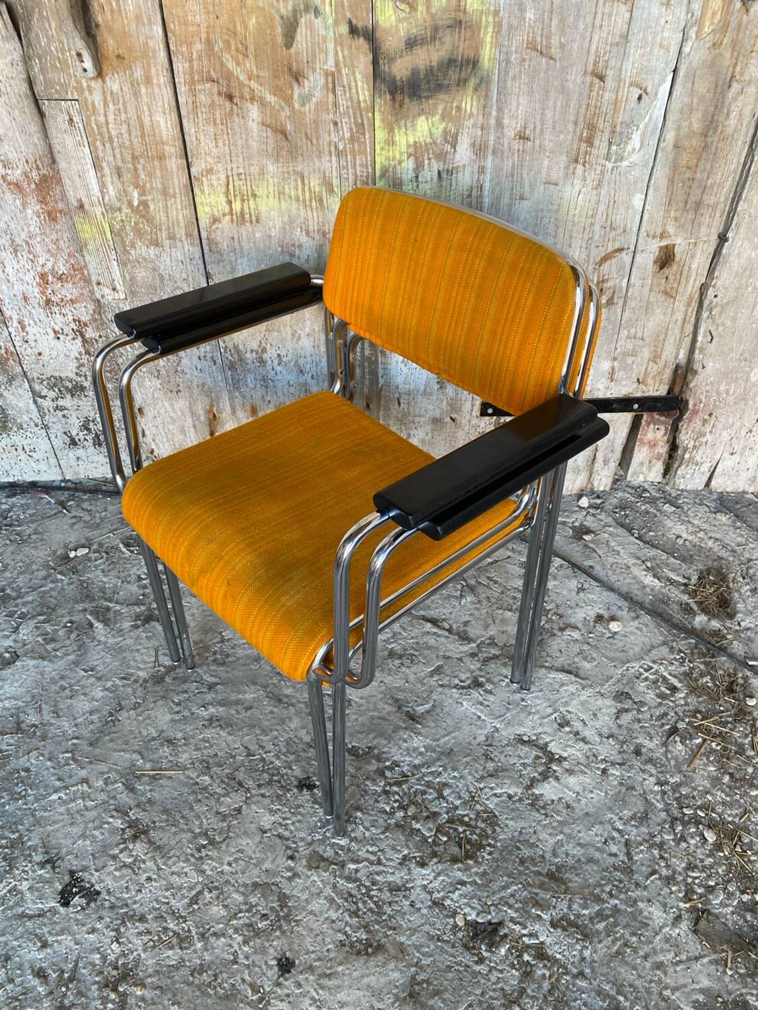 Pair of Vintage 1970s Chrome Metal Armchairs with Orange Fabric and Wood