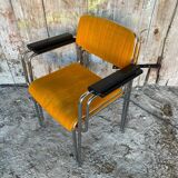 Pair of Vintage 1970s Chrome Metal Armchairs with Orange Fabric and Wood