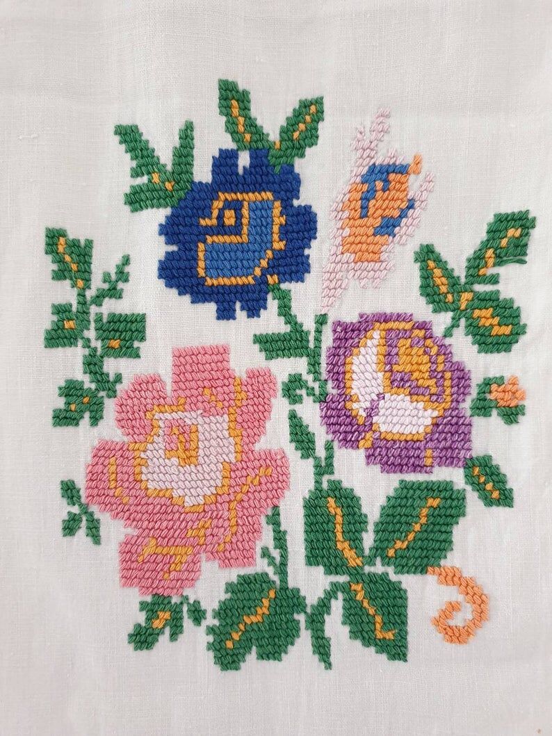 Old folk Romanian floral decorative towel with tassels, table runner, with rich cross stitched design made on home handmade cotton fabric