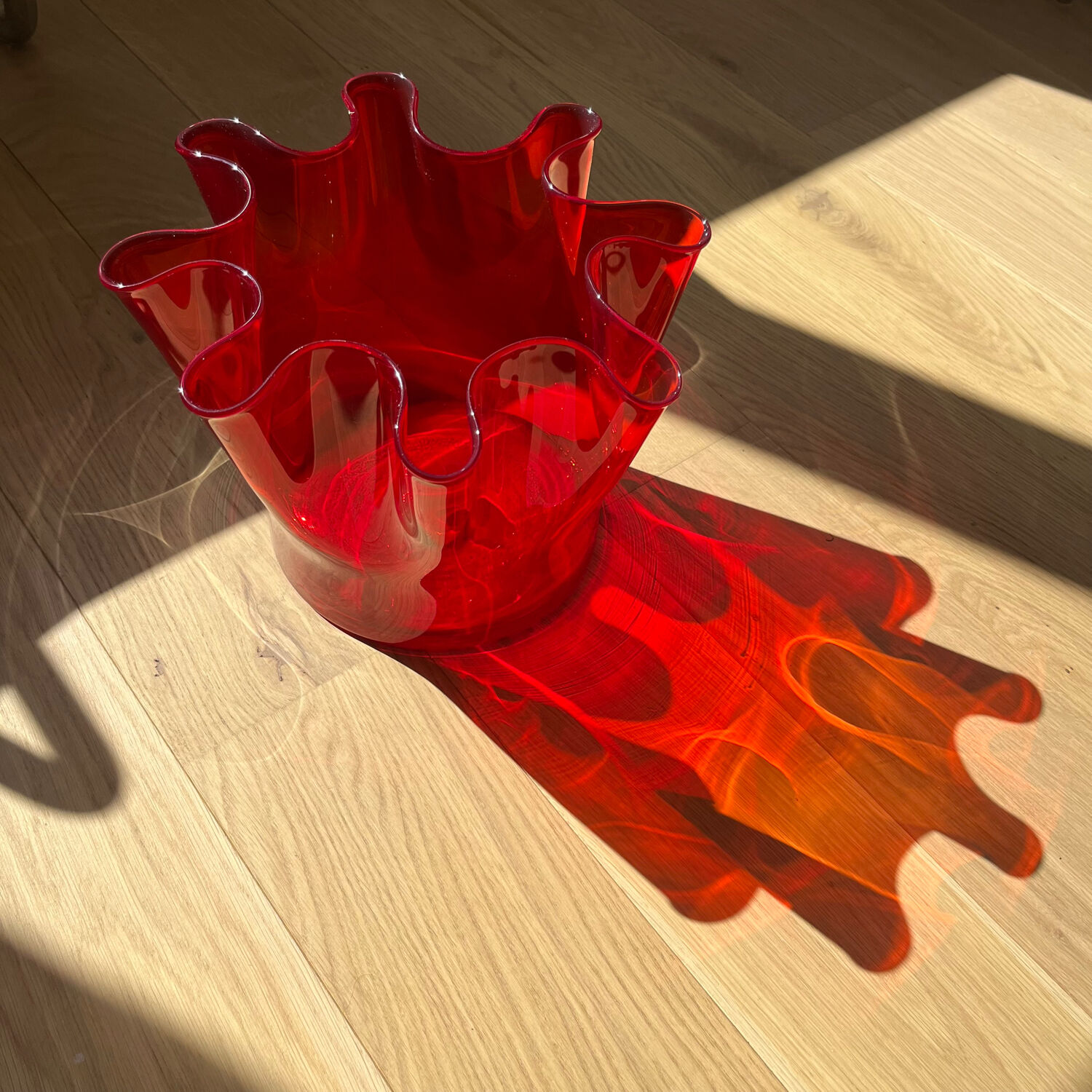 Vintage 70's translucent red handkerchief vase
