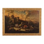 Landscape painting with figures and herds, oil on canvas, 18th century.