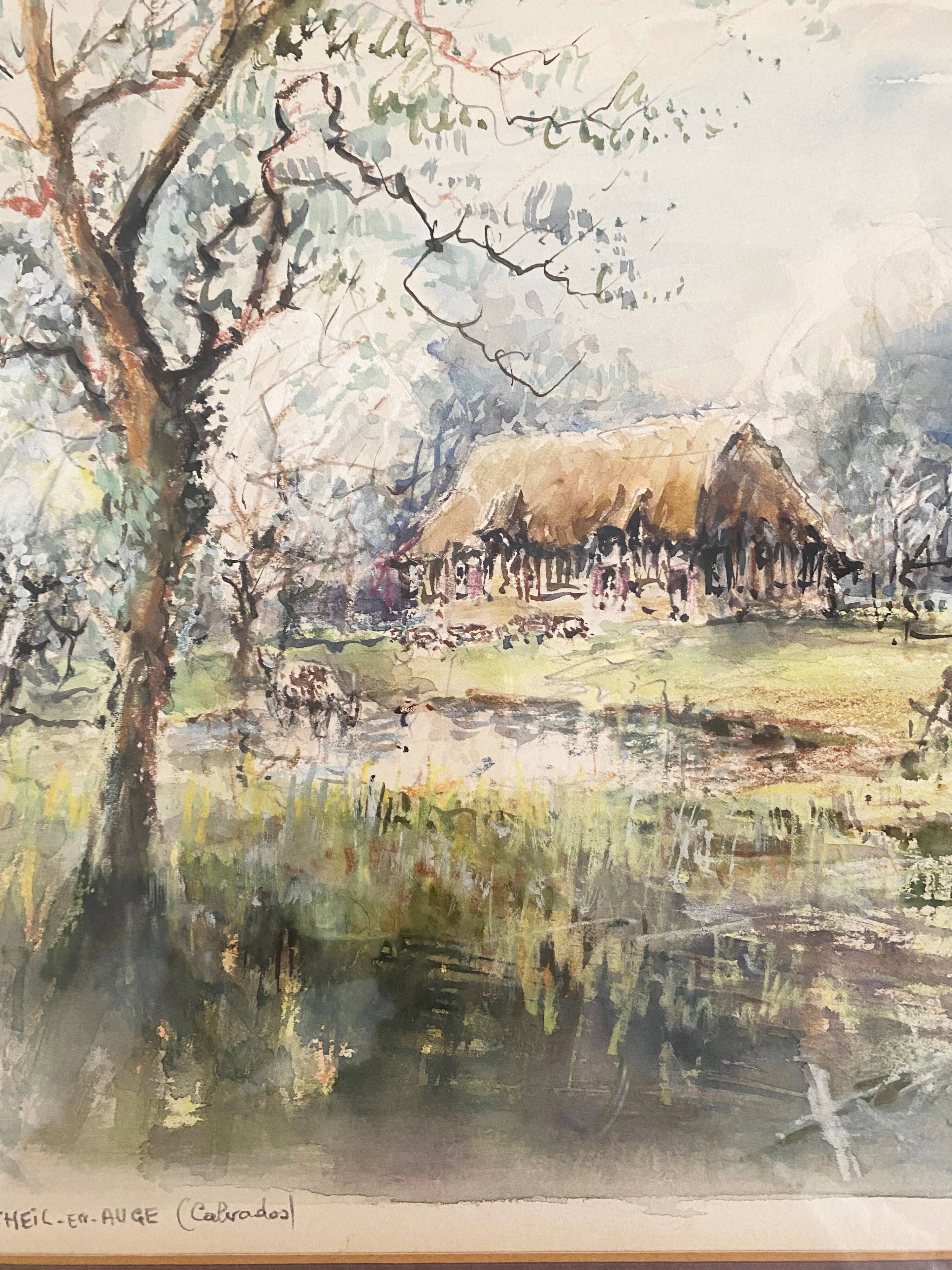 Watercolor painting "Le Theil en Auge" by Denis Verspecht (1919/1991) Calvados