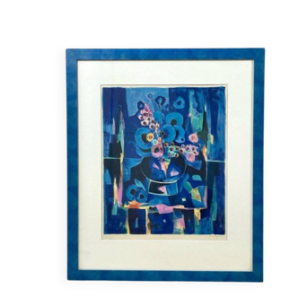 Tony Agostini, Bouquet with Blue Vase, Lithograph, Framed