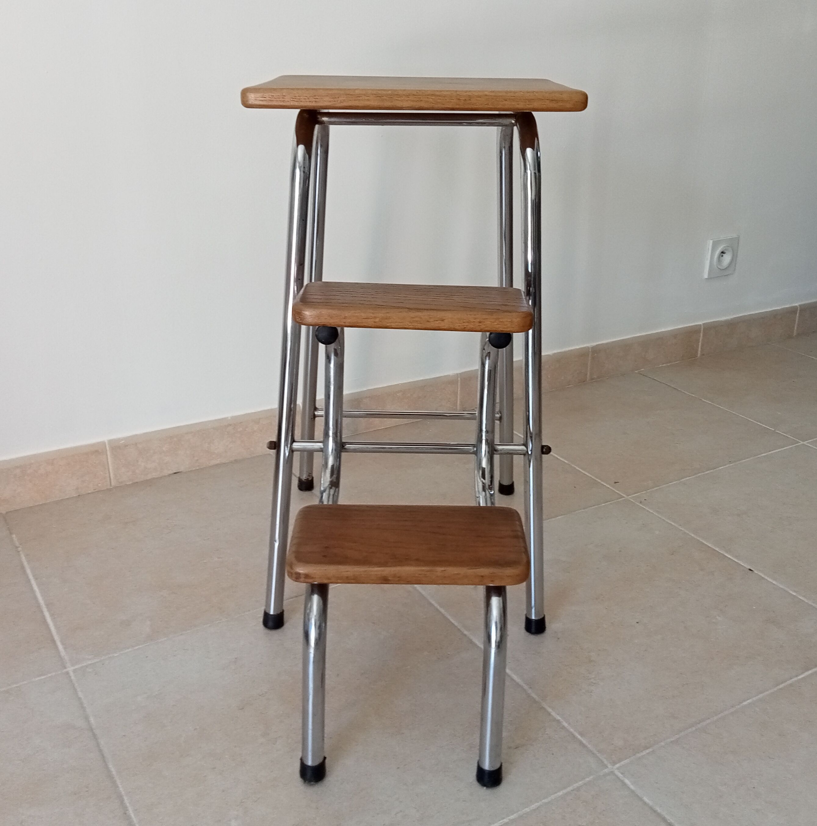 Stepladder stool vintage chrome and solid oak 60/70s
