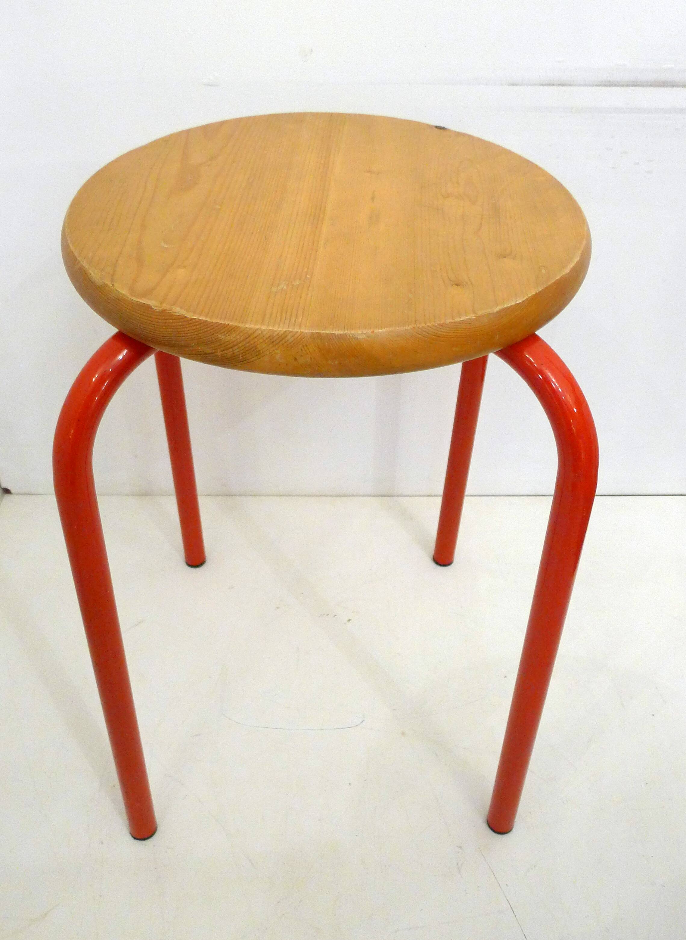 Pair of stools, red lacquered legs & wooden seat 1980s
