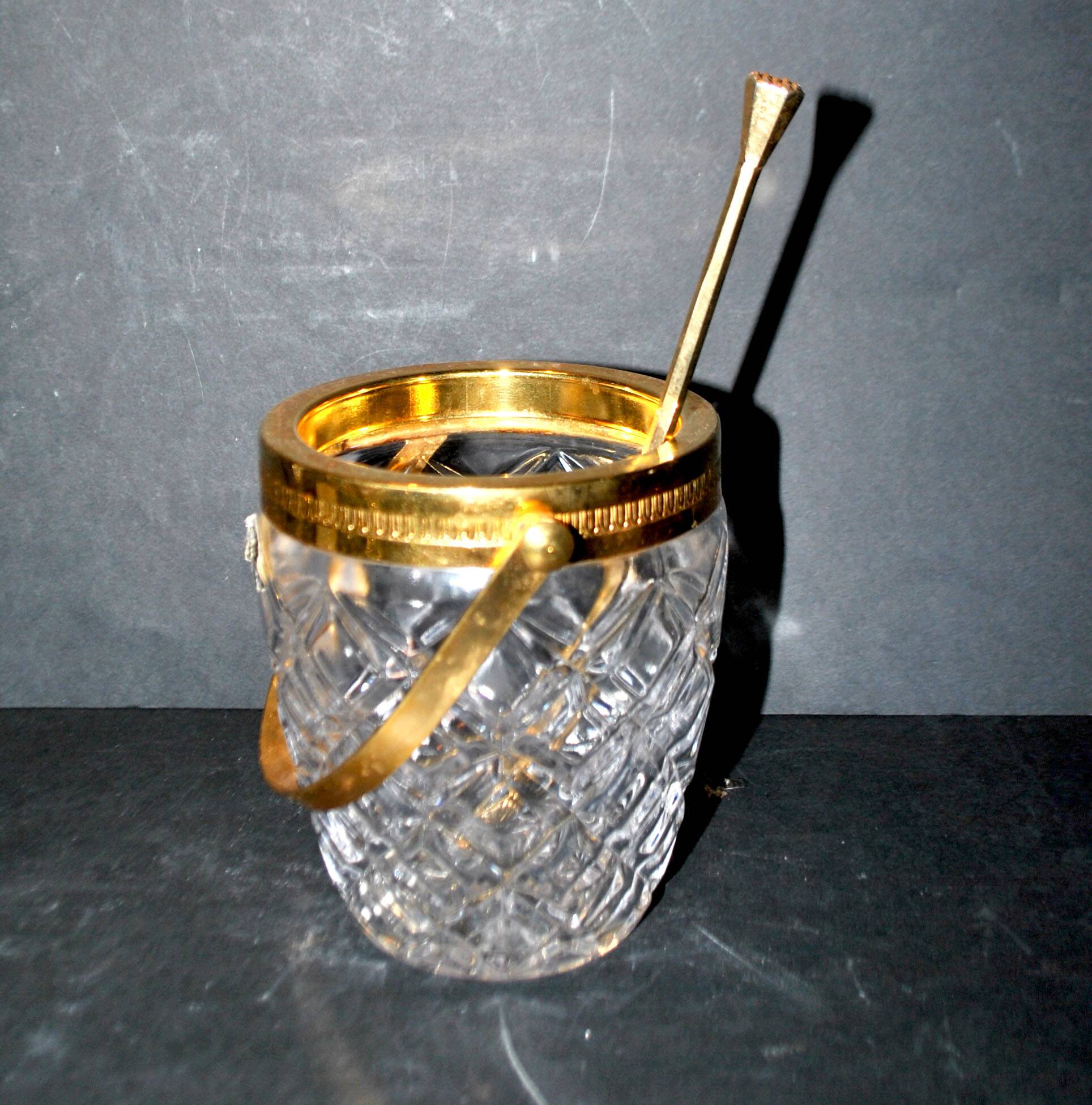 Vintage crystal ice bucket and gold frame "cristal ga" and cocktail ice cube spoon