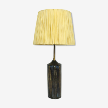 Lampe danoise en céramique, abat-jour en raphia, années 50/60