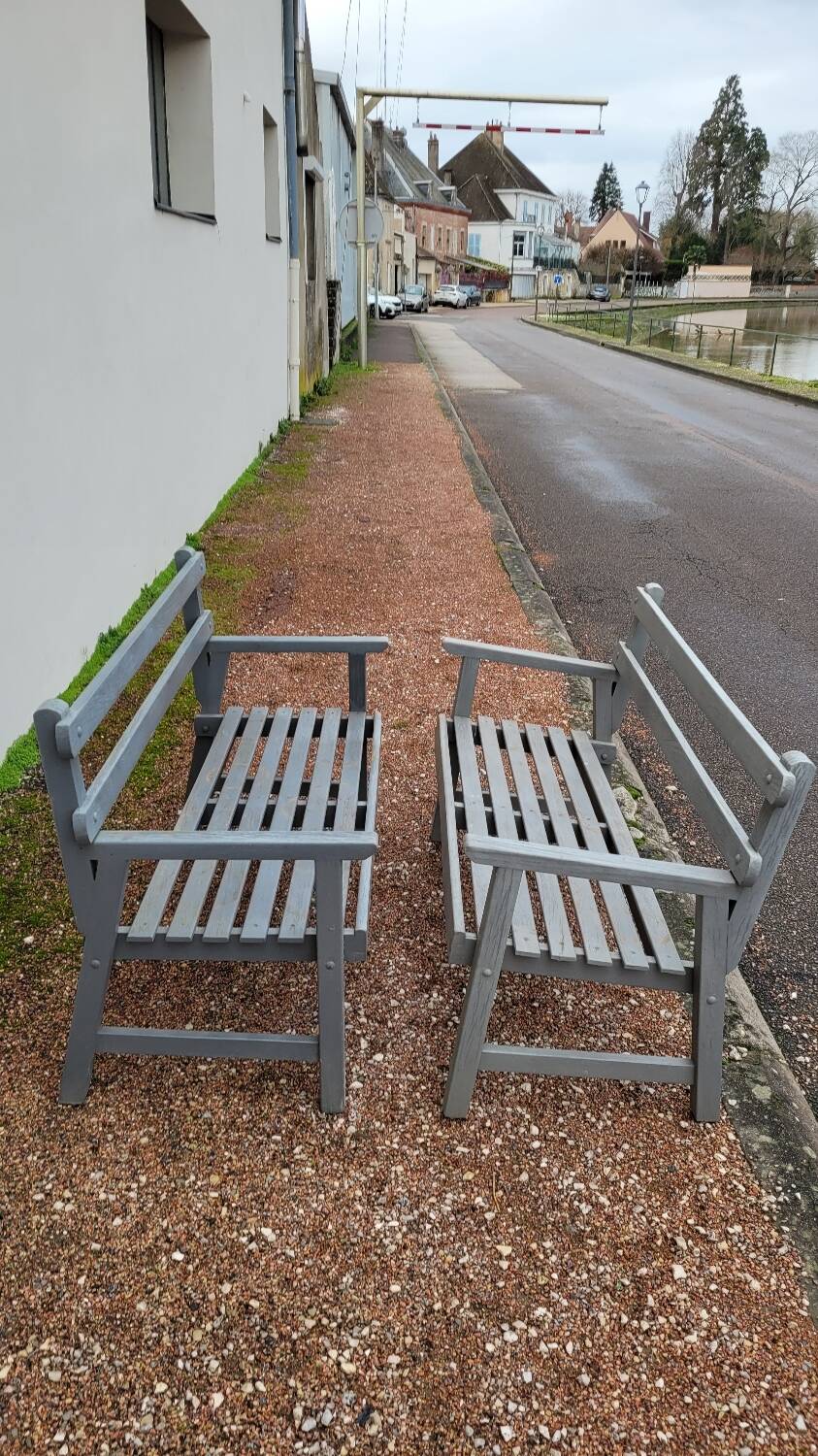 Pair of old wooden park garden benches