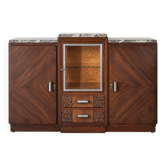 1950s Art Deco sideboard in veined wood, grey marble, and display cabinet.