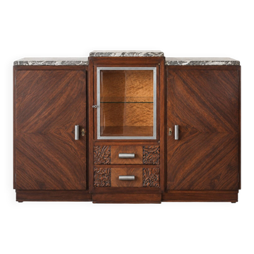 Buffet Art Déco années 50 en bois veiné, marbre gris et vitrine