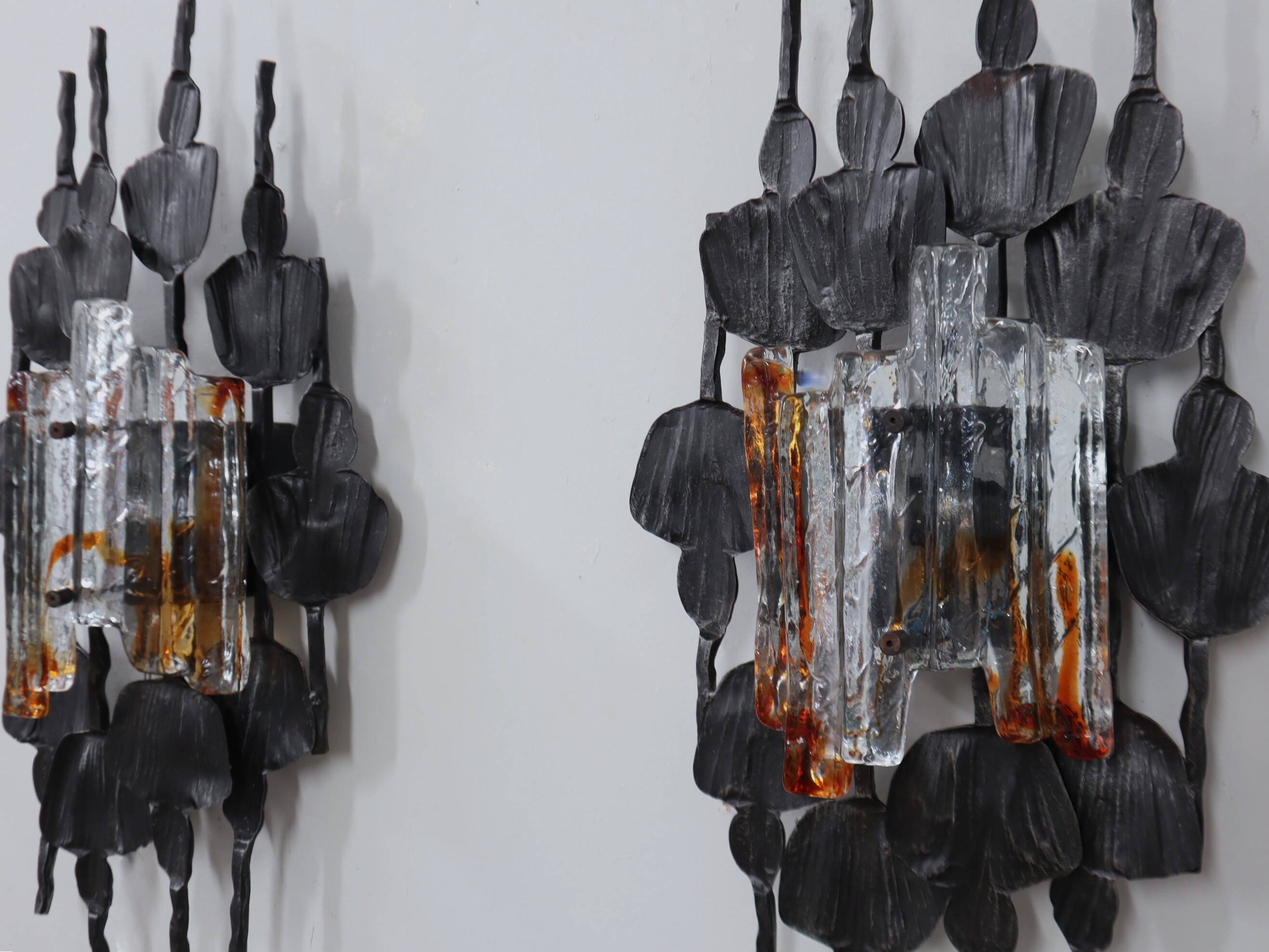 Set of 3 Brutalist Murano glass strips sconces / wall lamps Italy 1970s