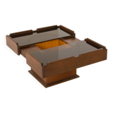 Italian vintage coffee table with bar compartment, walnut and glass, 1970s