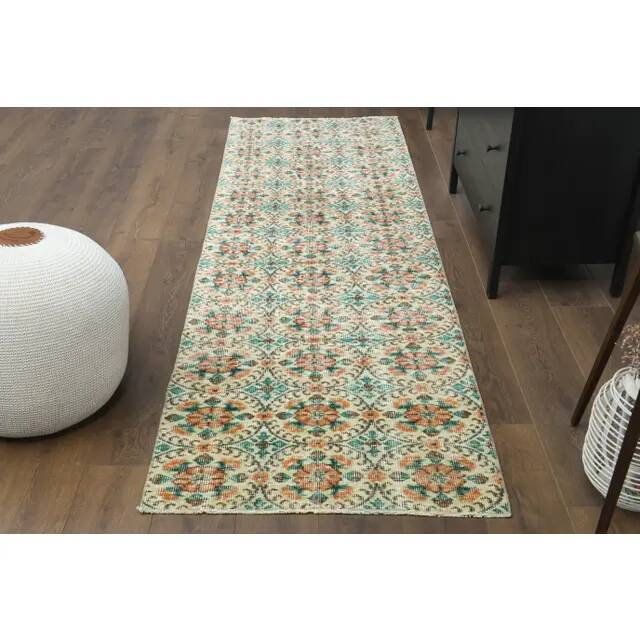 1970s vintage Turkish Oushak handmade wool cotton beige runner rug 85x270