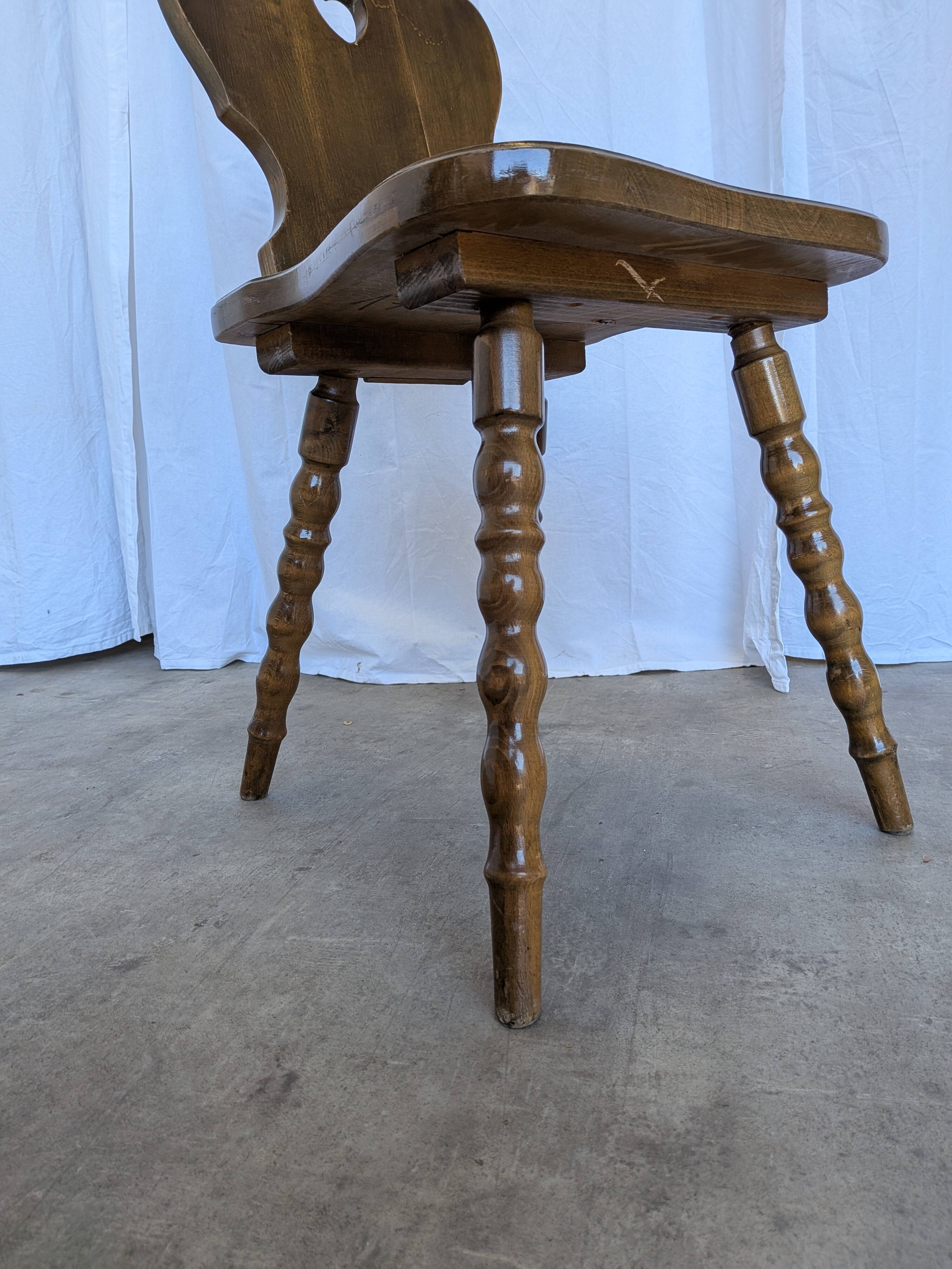 Vintage Tyrolean Heart Cutout Wooden Dining Chair / Bobbin-turned Legs