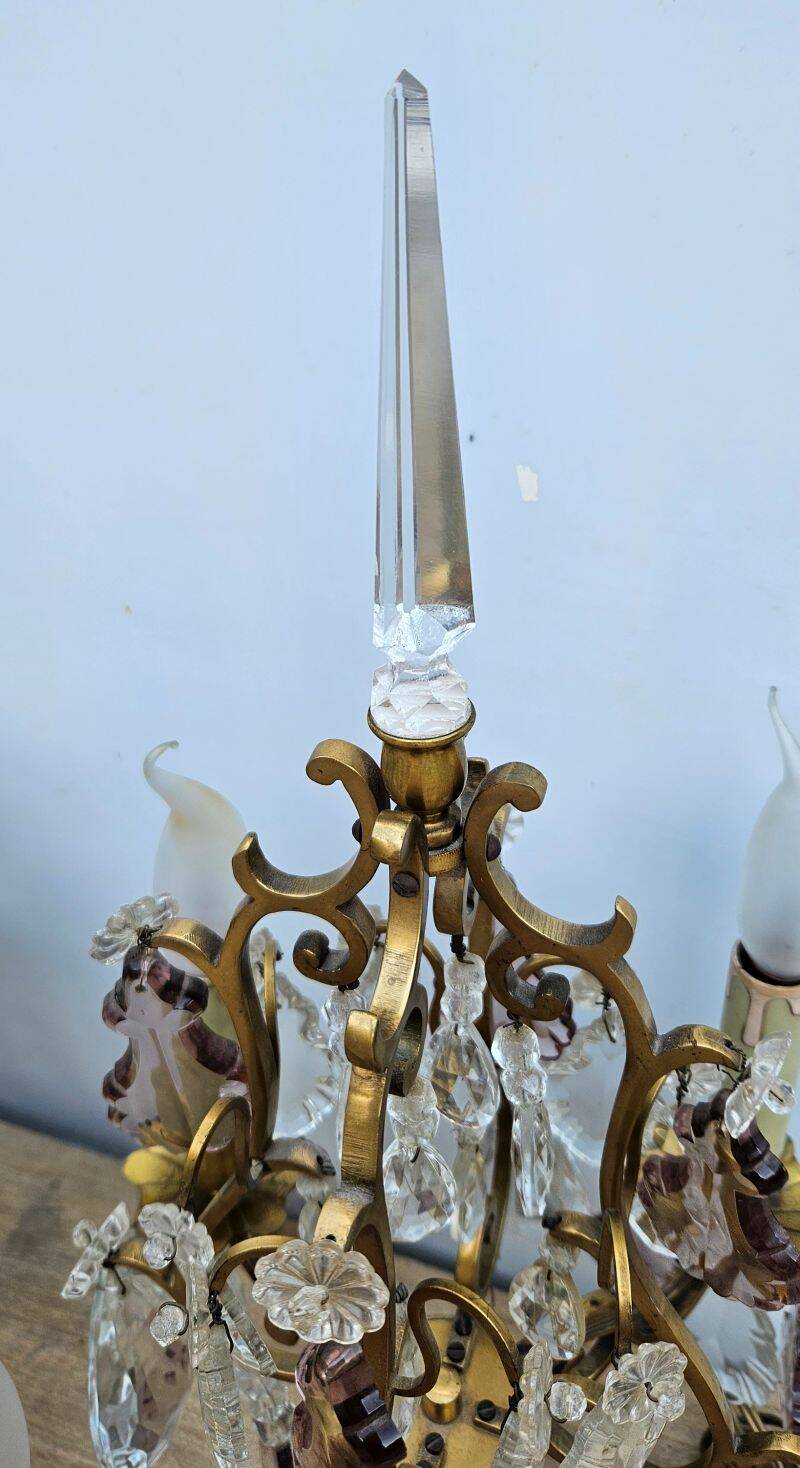 Pair of Gilt Bronze Candelabras with Colored Crystal Tassels
