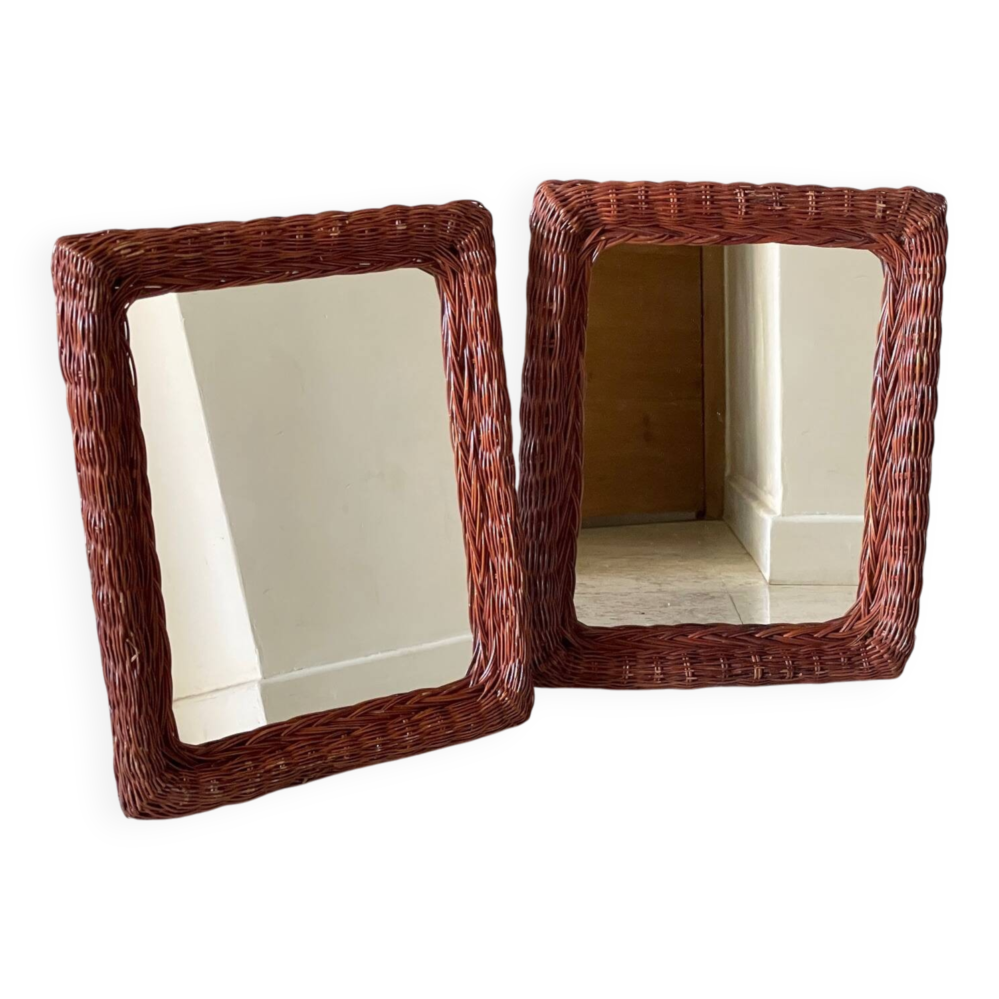 Pair of vintage rattan wicker mirrors