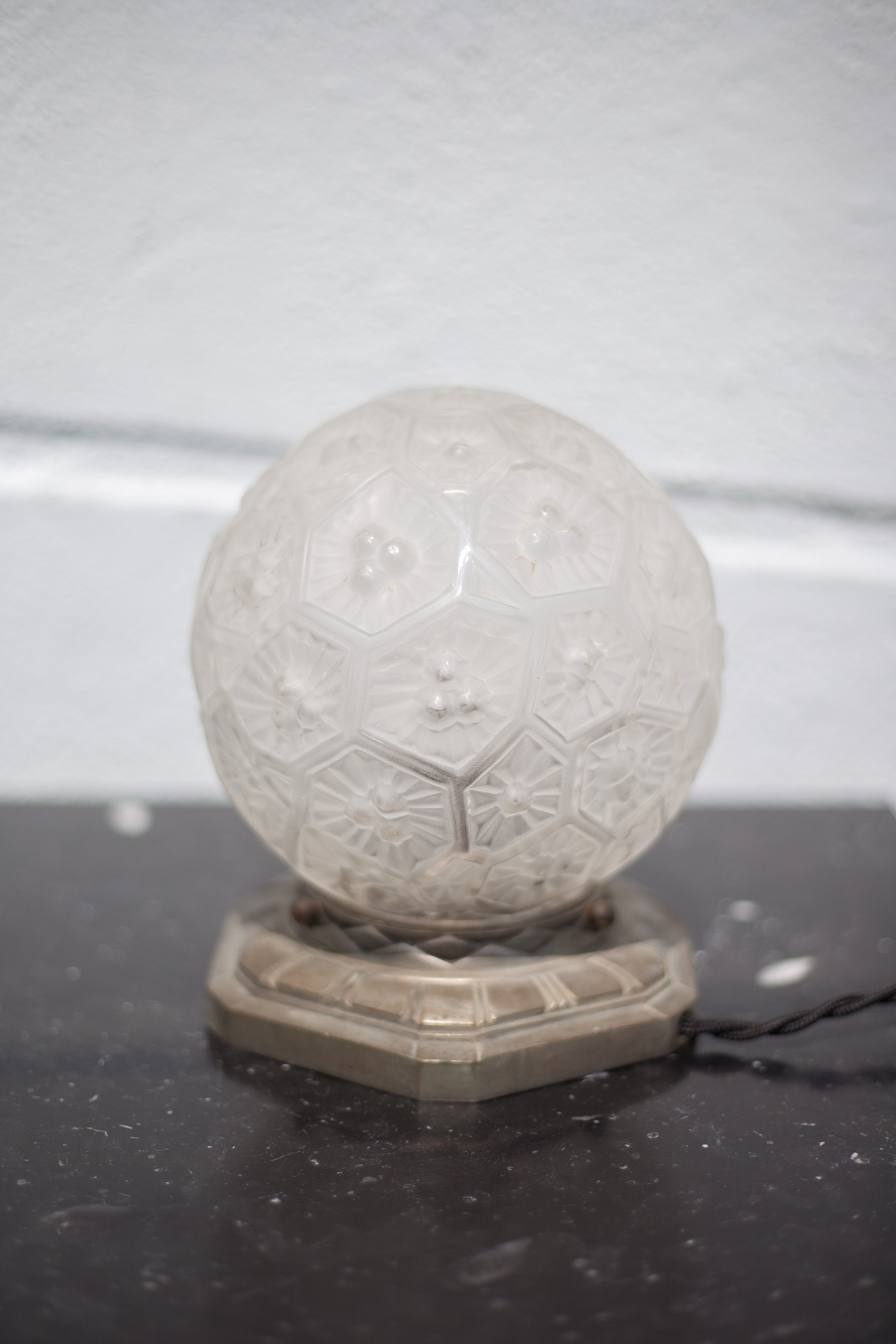 Charles Ranc art deco lamp, bedside lamp, nickel-plated bronze and glass globe