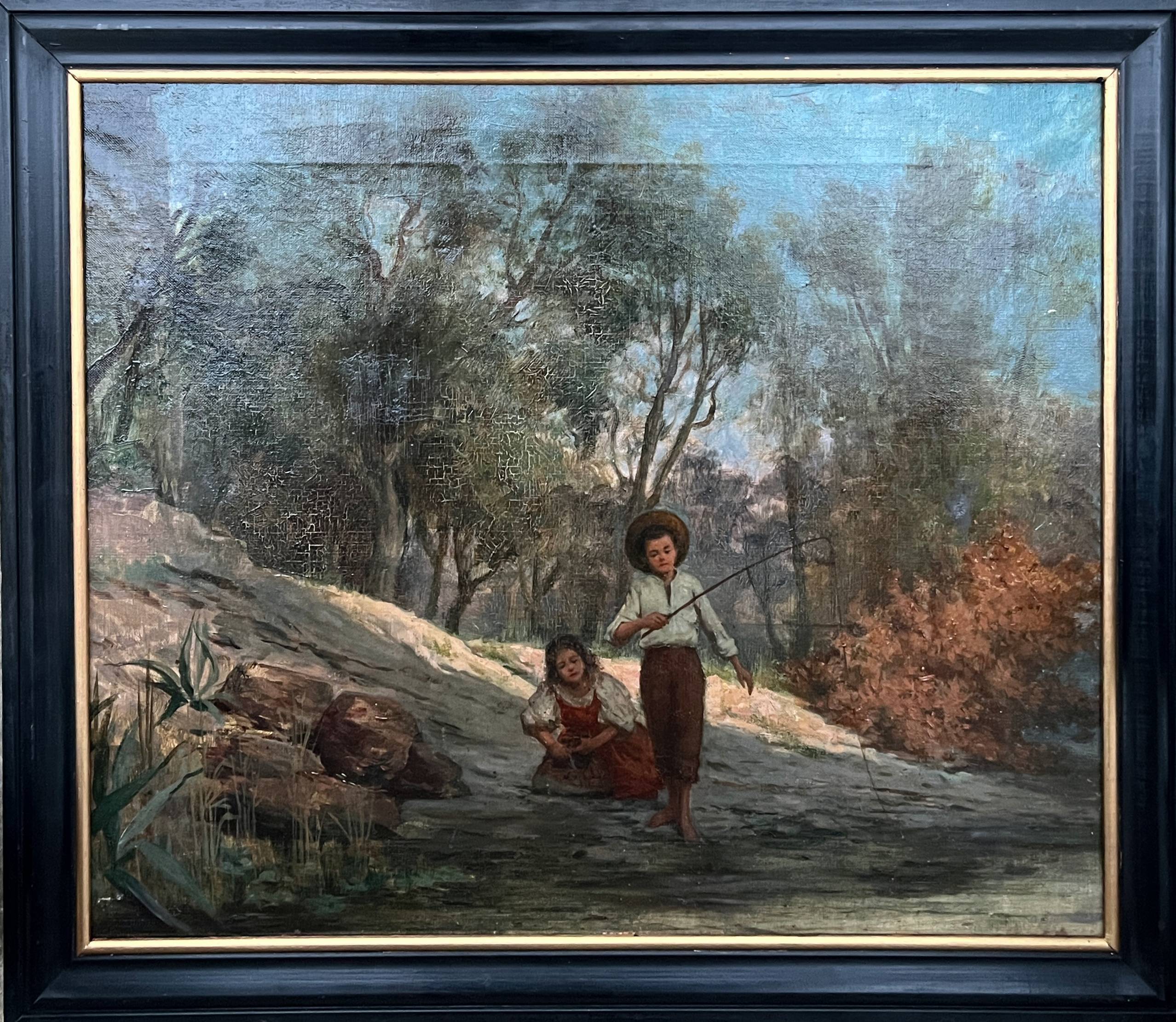 HST painting (19th/20th century) Children fishing in the undergrowth