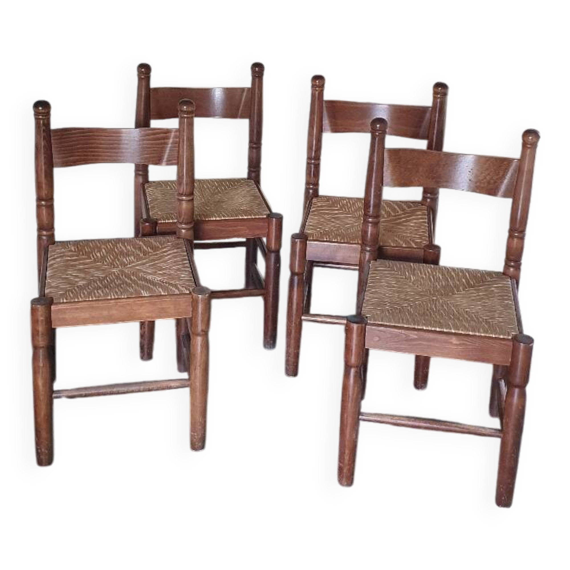 Set of 4 solid wood chairs with rush seating.
