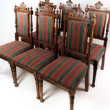 Set of six dining room chairs of oak and upholstered with striped fabric, 1920s