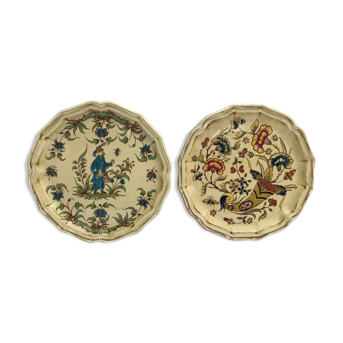 Pair old plate Moustiers Salins ceramics painted france vintage