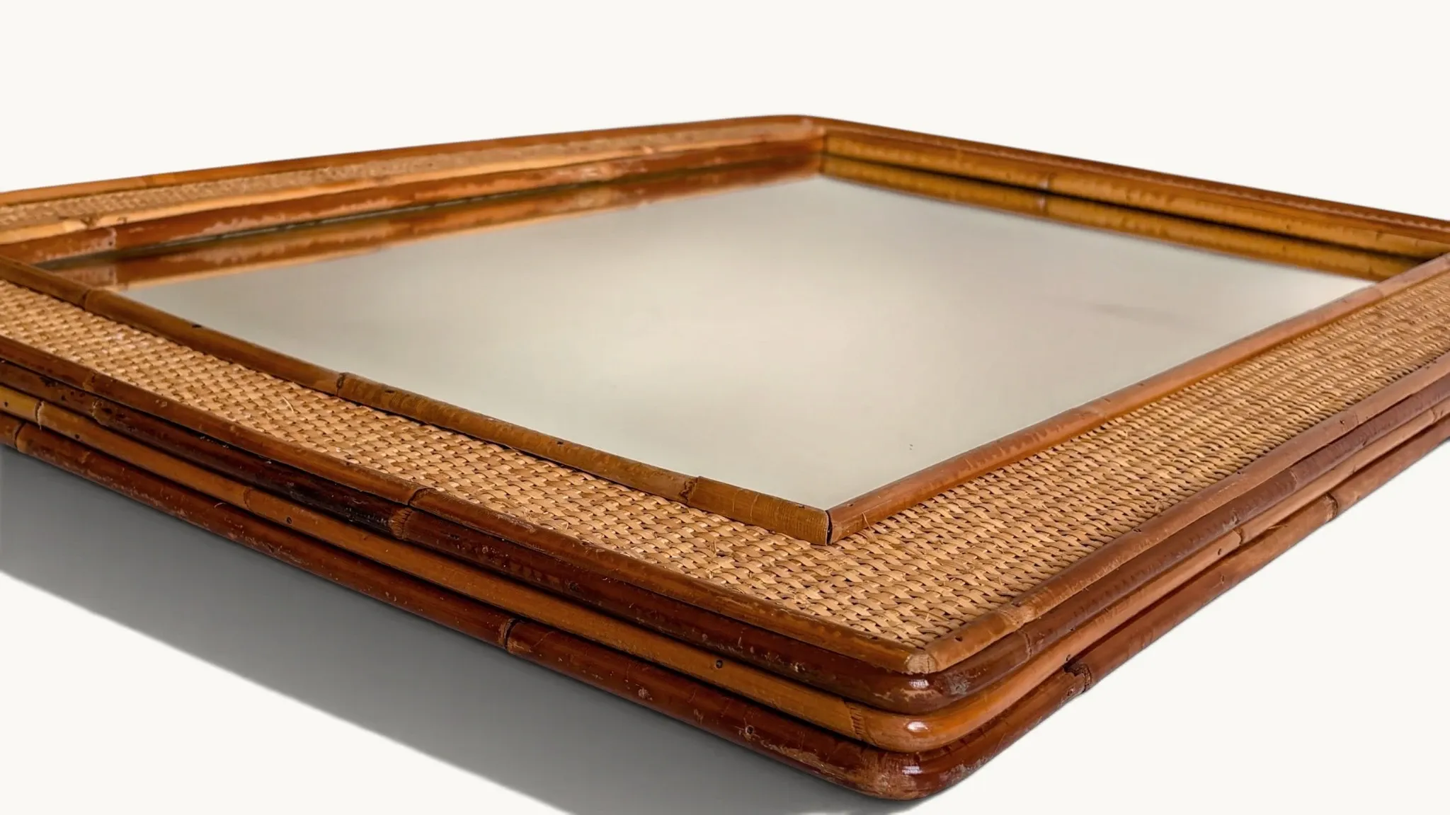 1970s Mid-Century Rattan and Pencil Reed Large Mirror, Spain