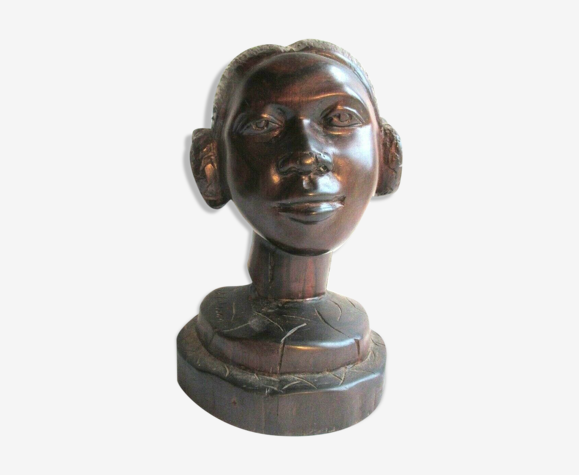 Sculpture bois massif exotique statue buste de femme africaine signée g. ralison
