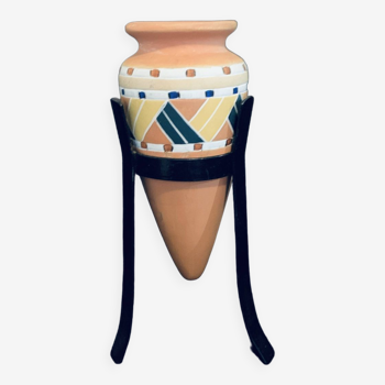 Vase 23cm poterie peint main style grec support métal pieds en terre cuite