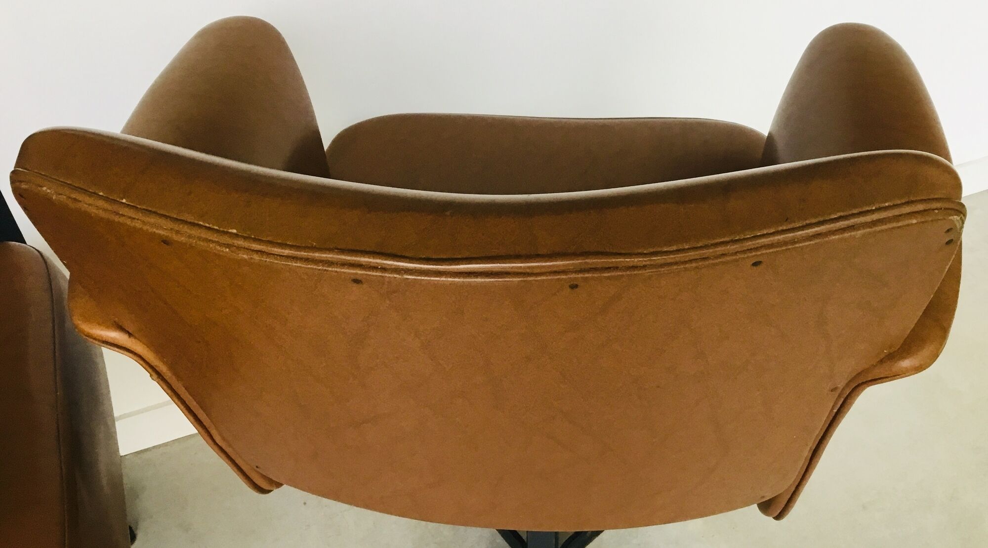 Pair of brown faux leather armchairs - black metallic footing - 1960