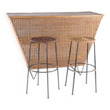 Wicker and iron bar with 2 stools