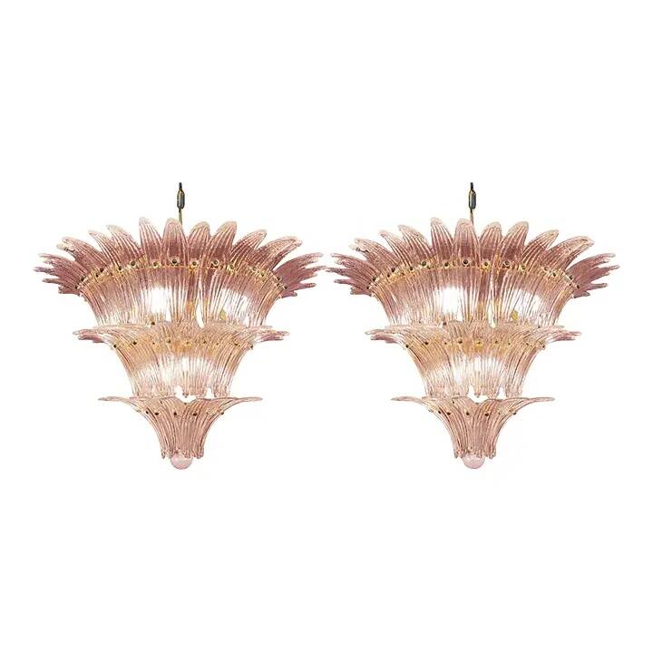 Pair of Iconic Mid-Century Modern Pink “Palmette” Murano Glass Chandeliers