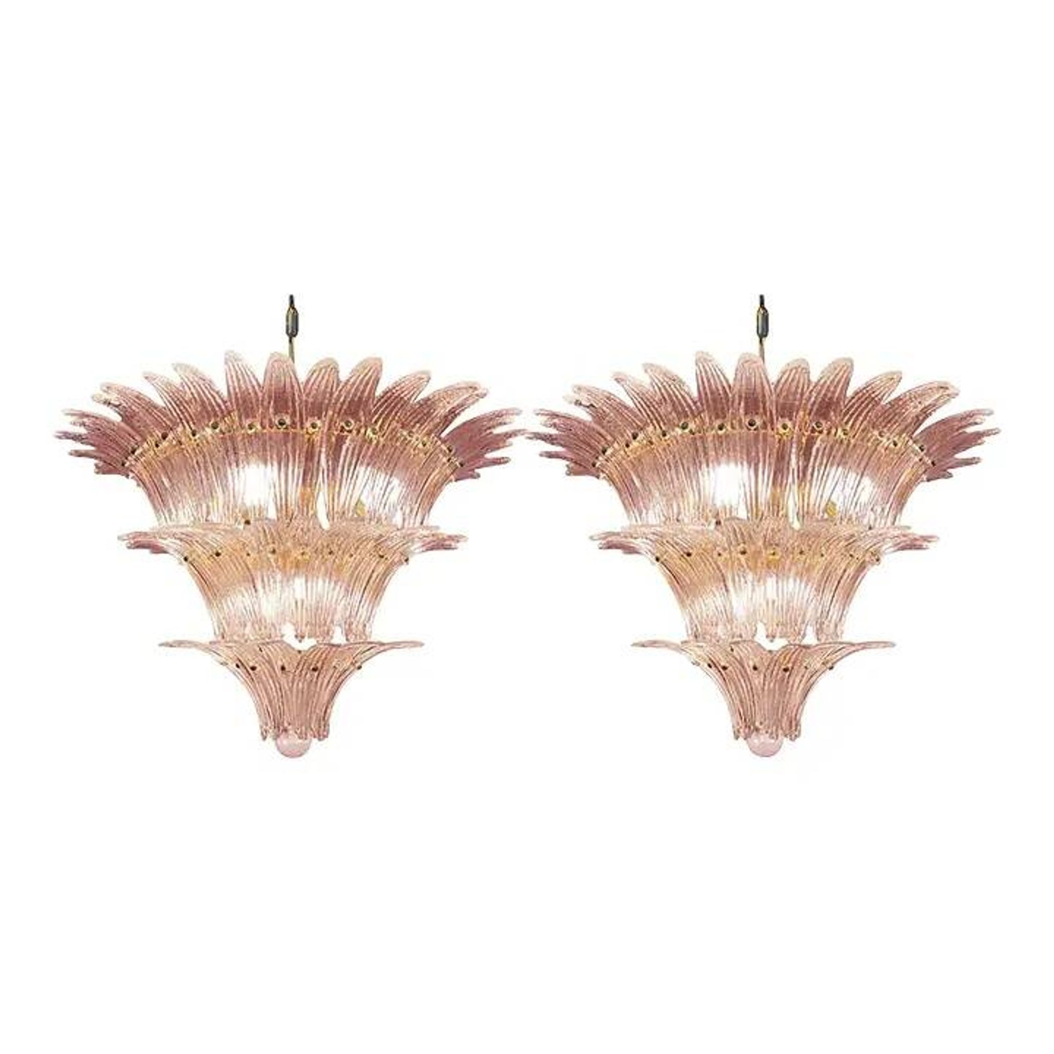 Pair of Iconic Mid-Century Modern Pink “Palmette” Murano Glass Chandeliers