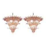 Pair of Iconic Mid-Century Modern Pink “Palmette” Murano Glass Chandeliers