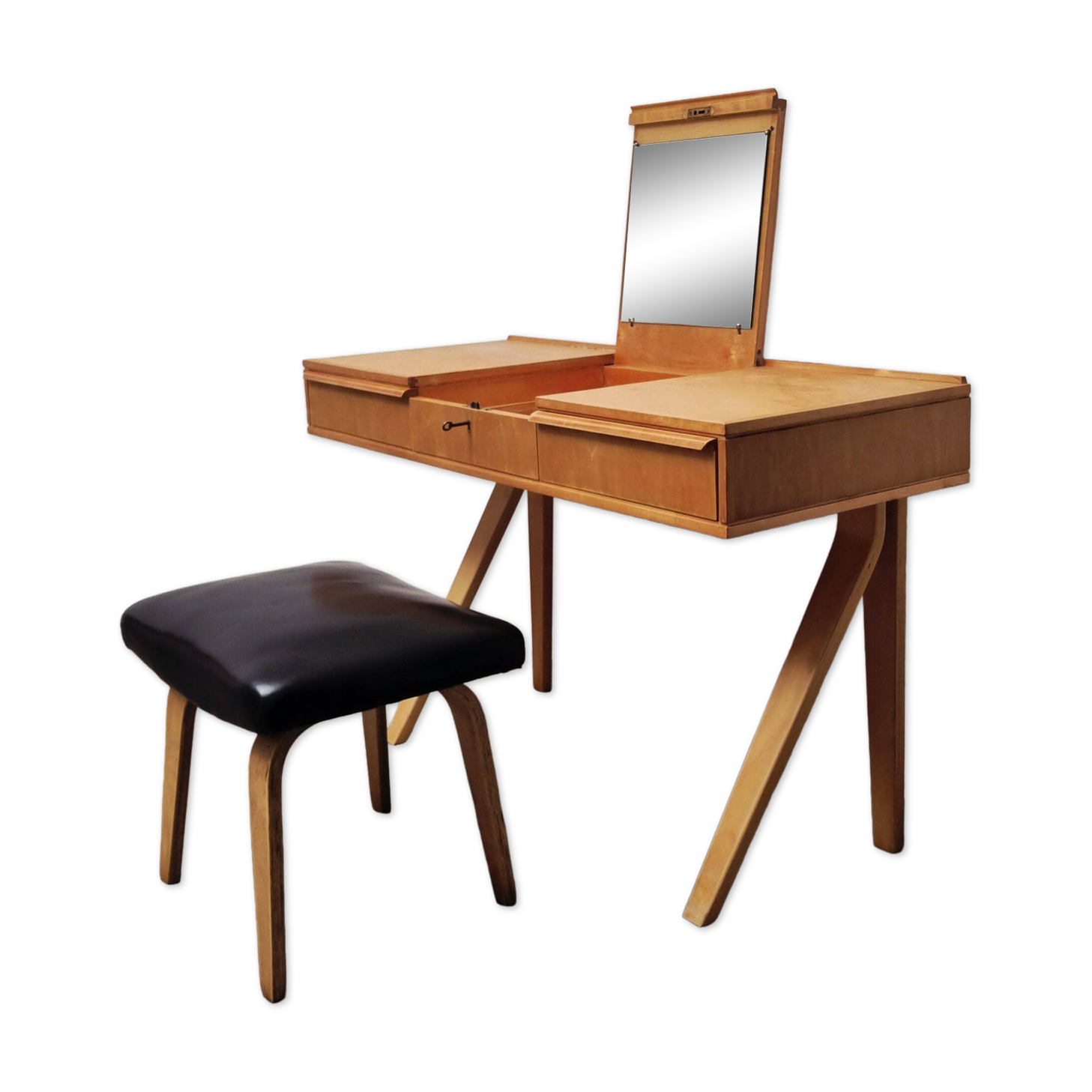 Set of Dutch modern dressing table and stool in birch plywood by Cees Braakman for Pastoe, 1951