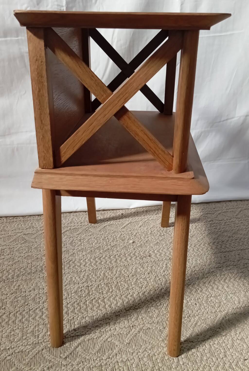 1950s oak bedside table with crossbars