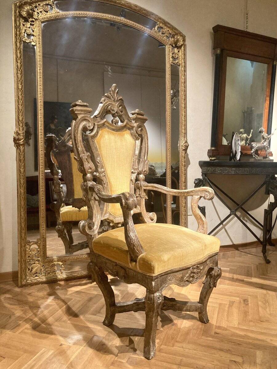 Italian Rococo Silver Mecca Giltwood Throne Armchair, Rome, 18th Century