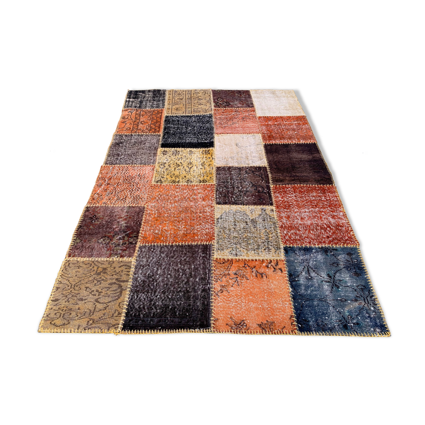 Distressed turkish patchwork rug 244x172 cm wool vintage red black orange large