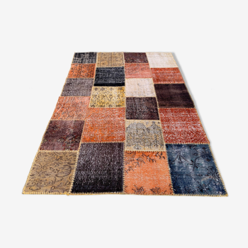 Distressed turkish patchwork rug 244x172 cm wool vintage red black orange large