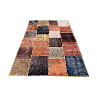 Distressed turkish patchwork rug 244x172 cm wool vintage red black orange large