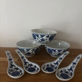 Set of 3 bowls and 4 blue Chinese spoons.