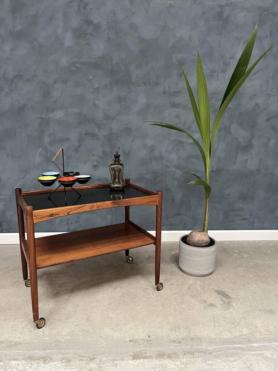 Rolling Cart in Rosewood with Black Formica Top, 1960s
