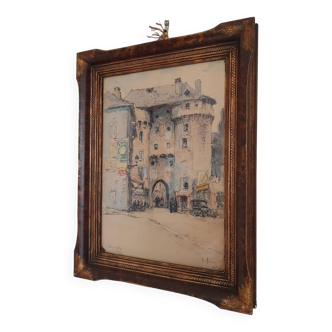 Old watercolor painting "fortified entrance to Marvejols"