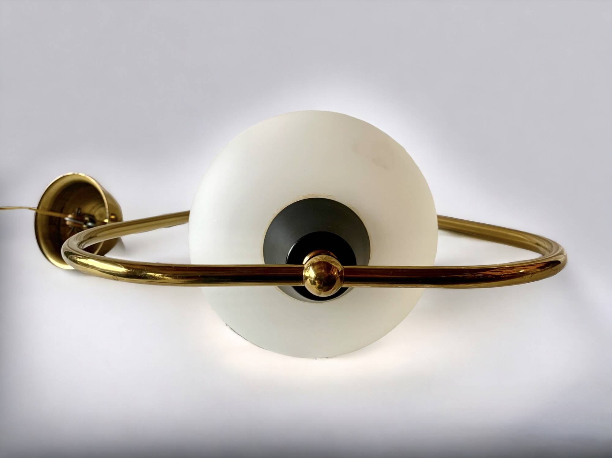 Modernist pendant light in white sandblasted glass and brass