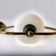 Modernist pendant light in white sandblasted glass and brass