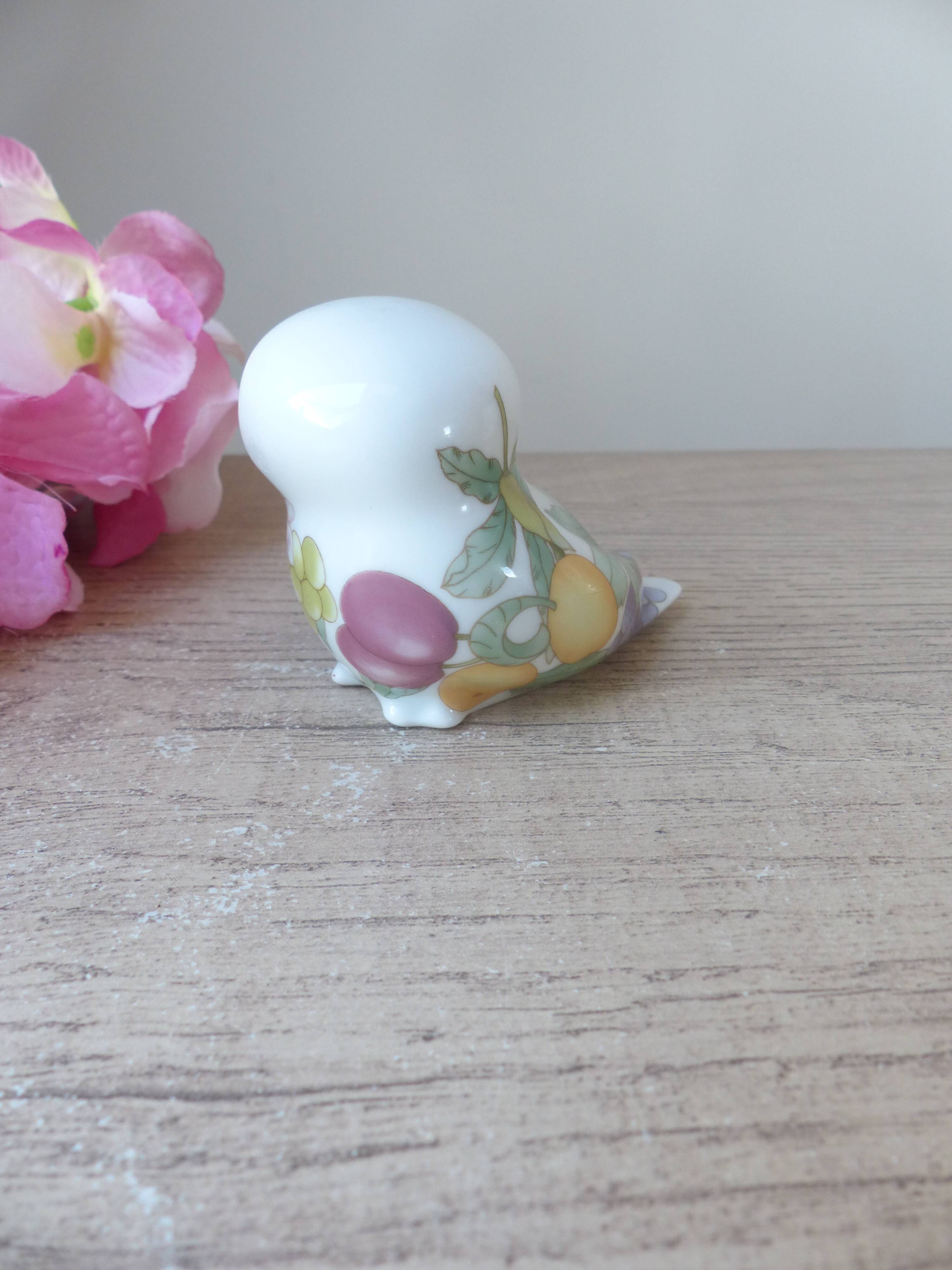 Porcelain owl figurine with fruit decoration, miniature owl with garden fruits