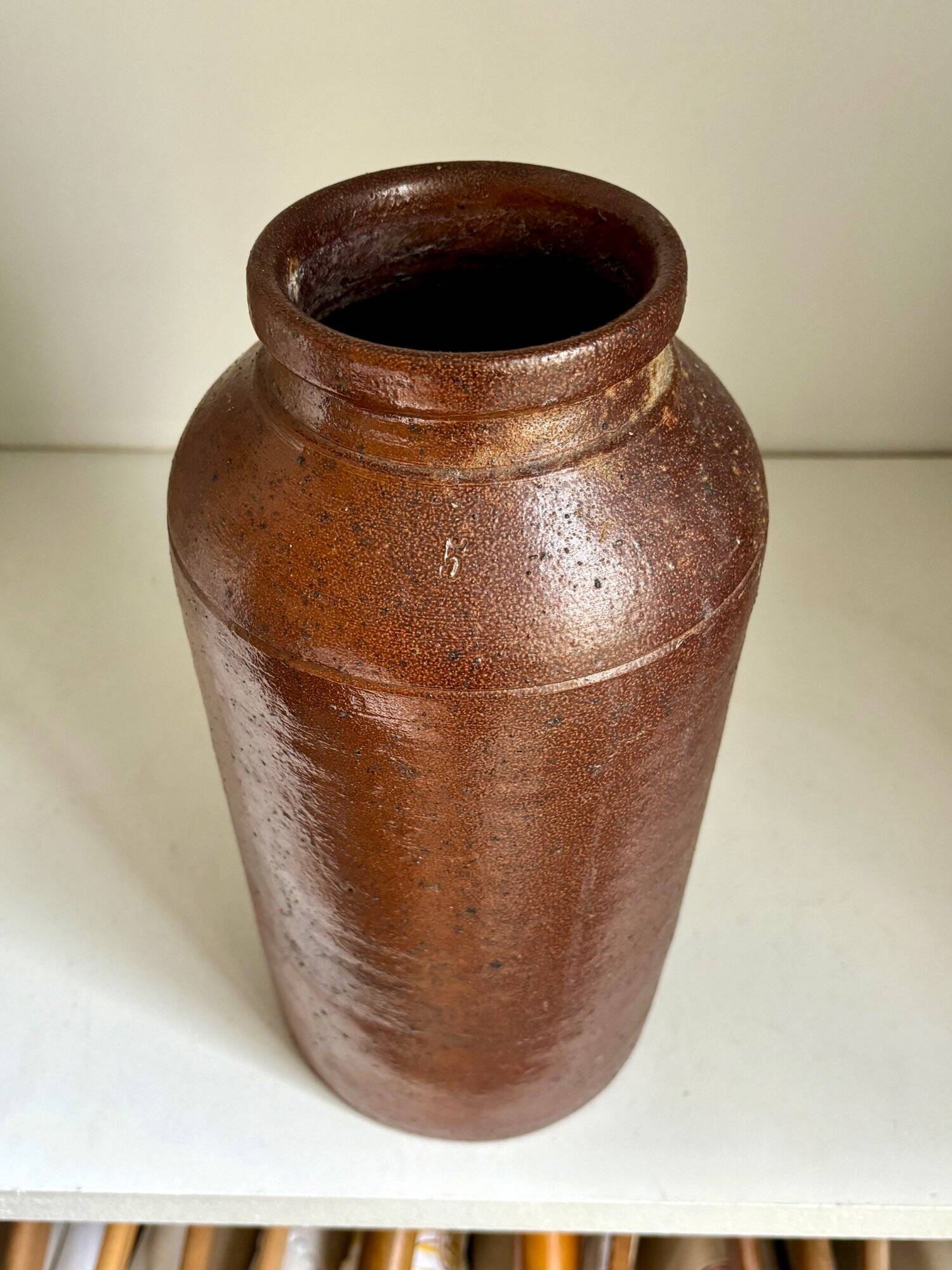 Brown glazed stoneware mustard pot
