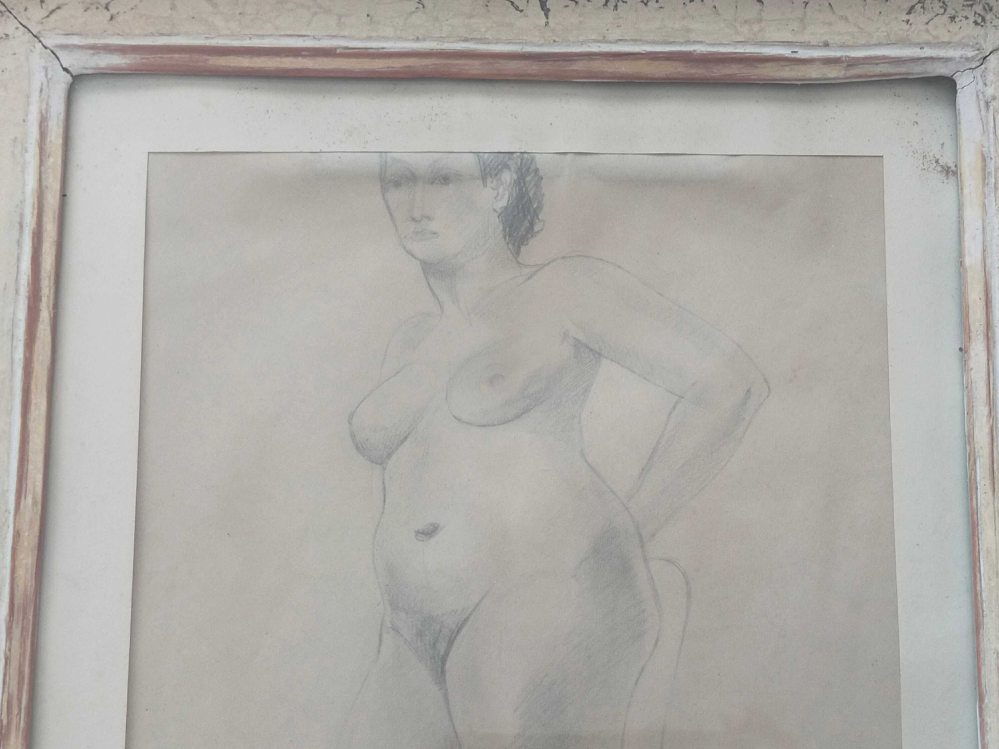 Drawing Female Nude signed P. Bréchat 1955