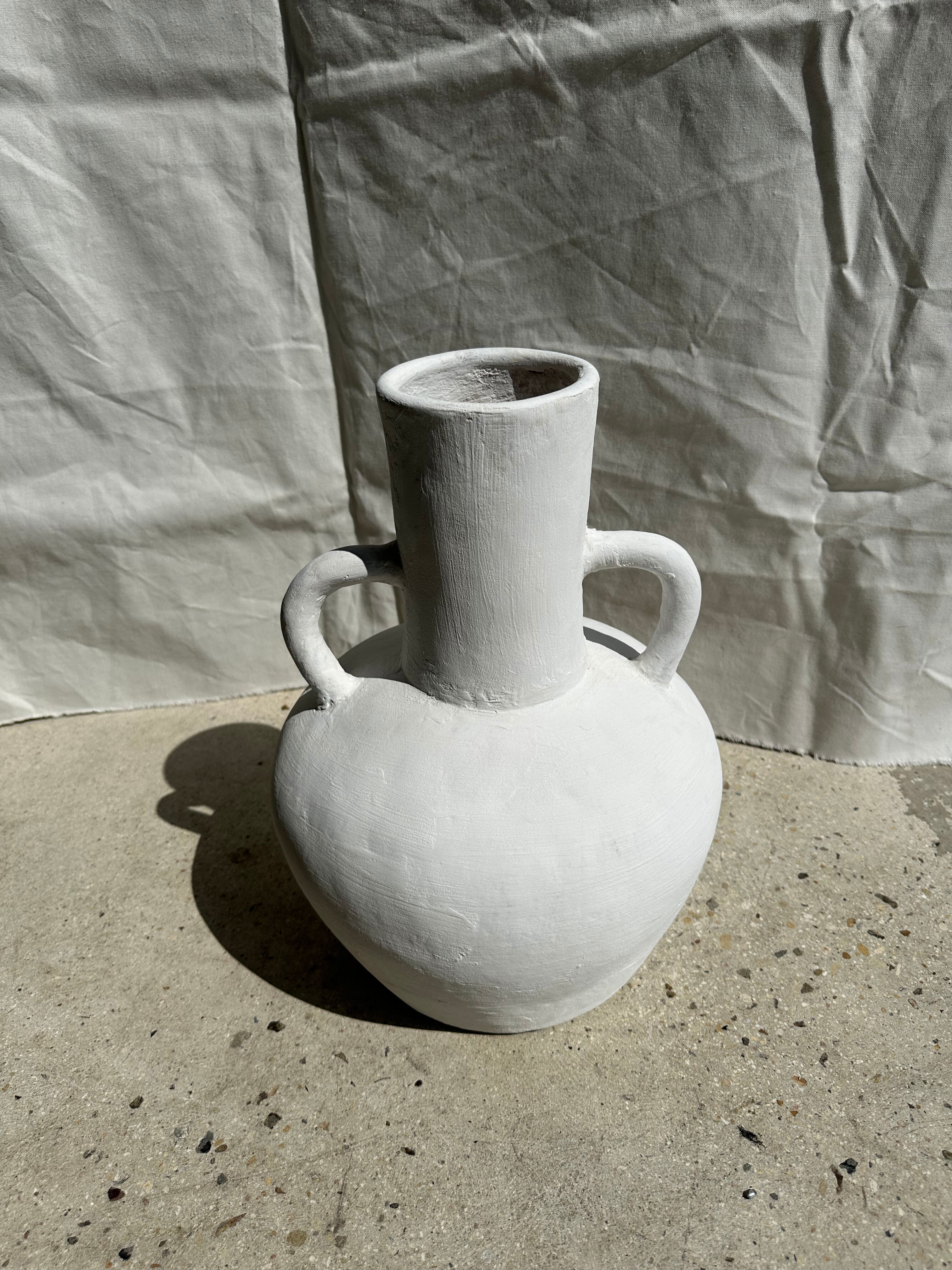Handcrafted terracotta vase painted white with double handles h:40 d:30